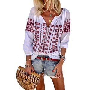 ‼Embroidered Bohemian V-Neck Top